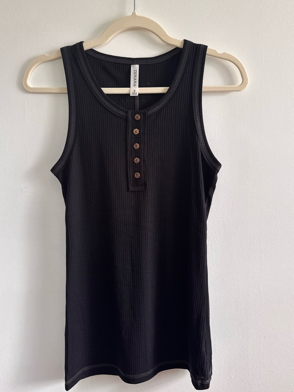 Zanzea Black Ribbed Henley Tank with Wood-Effect Buttons